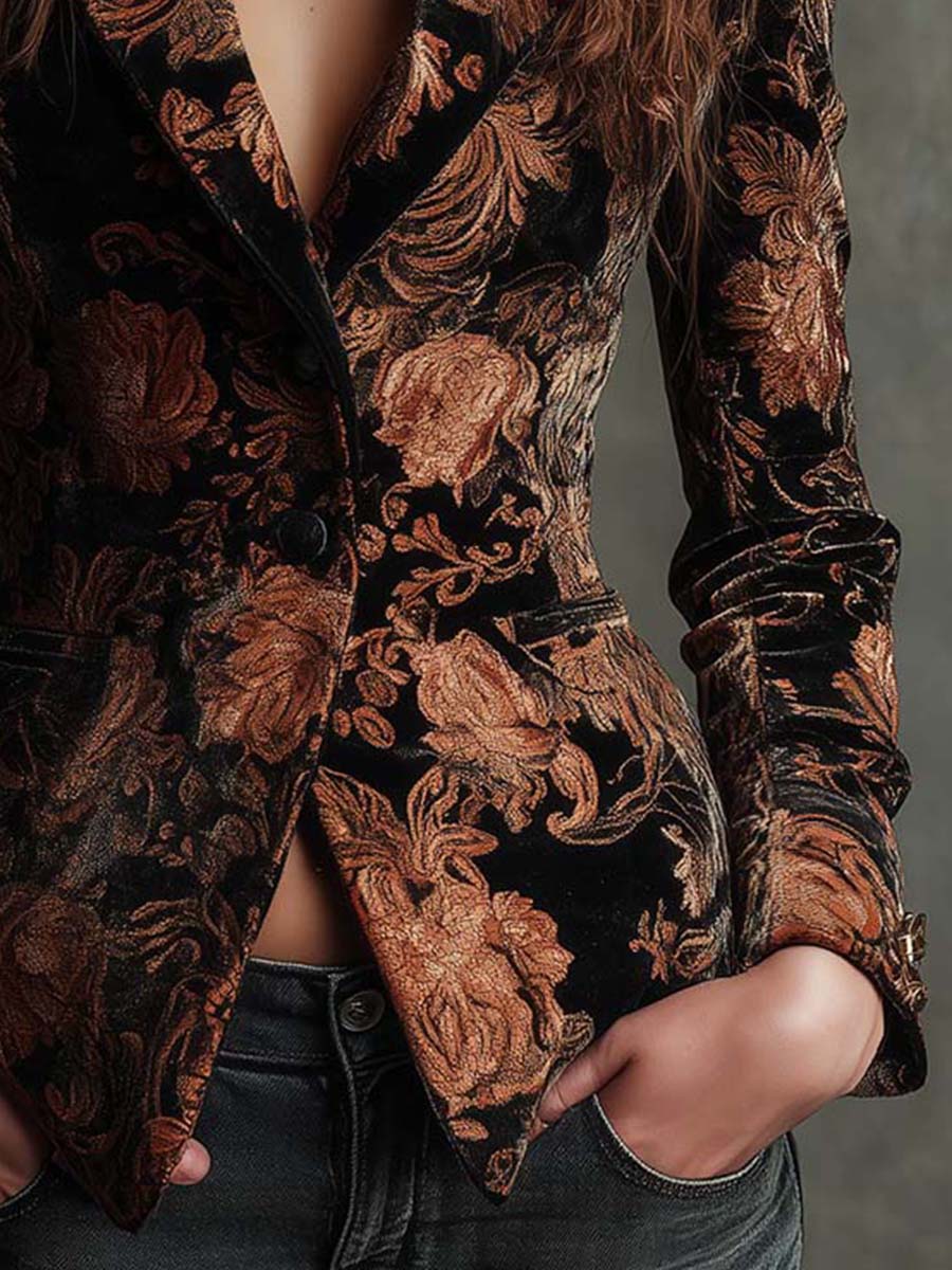 Blazer in velluto nero con fiori bronzo