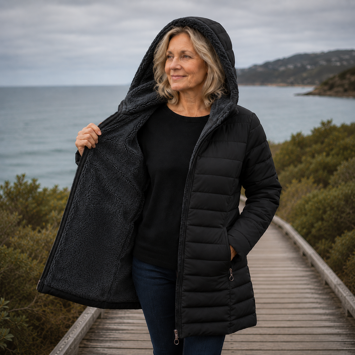 Cappotto invernale trapuntato con cappuccio