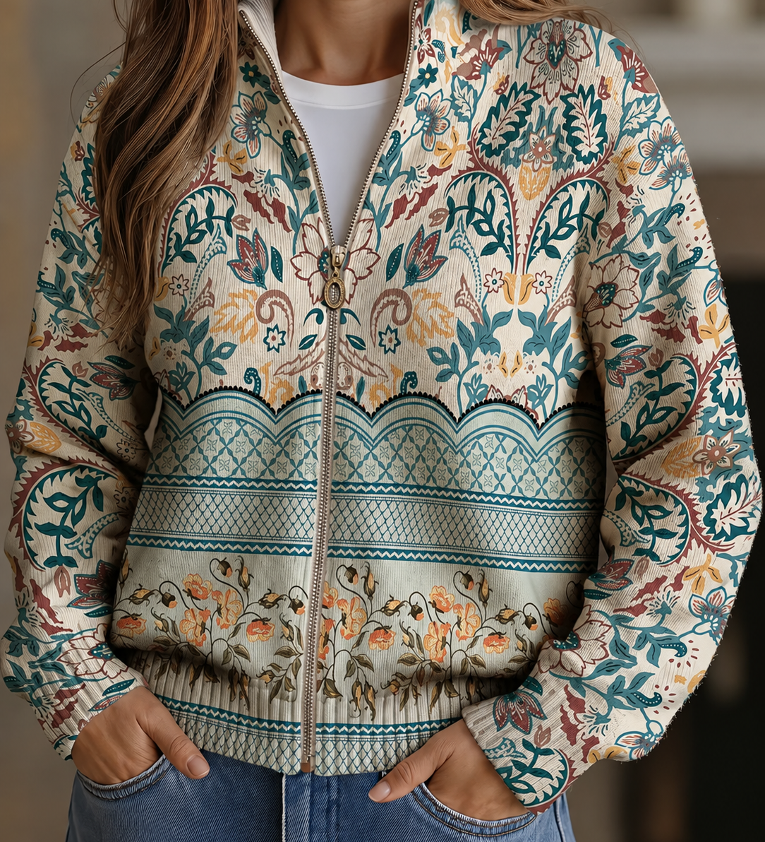 Cardigan con Zip e Motivi Botanici
