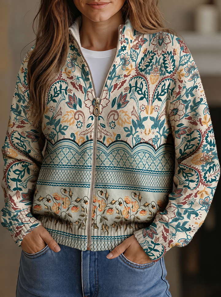 Marta | Cardigan con Zip e Motivi Botanici