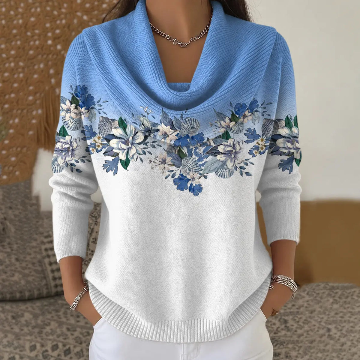 Maglione Floreale con Collo Rovesciato