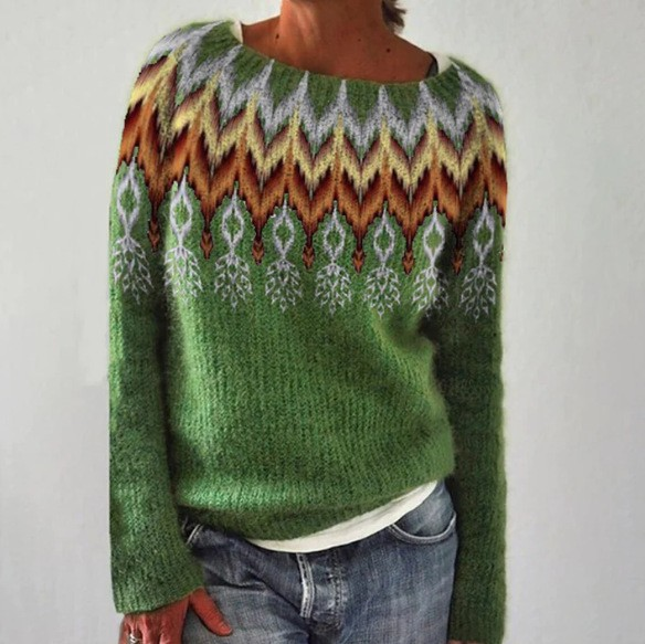 Maglione Retrò Color Petrolio con Motivo Norvegese