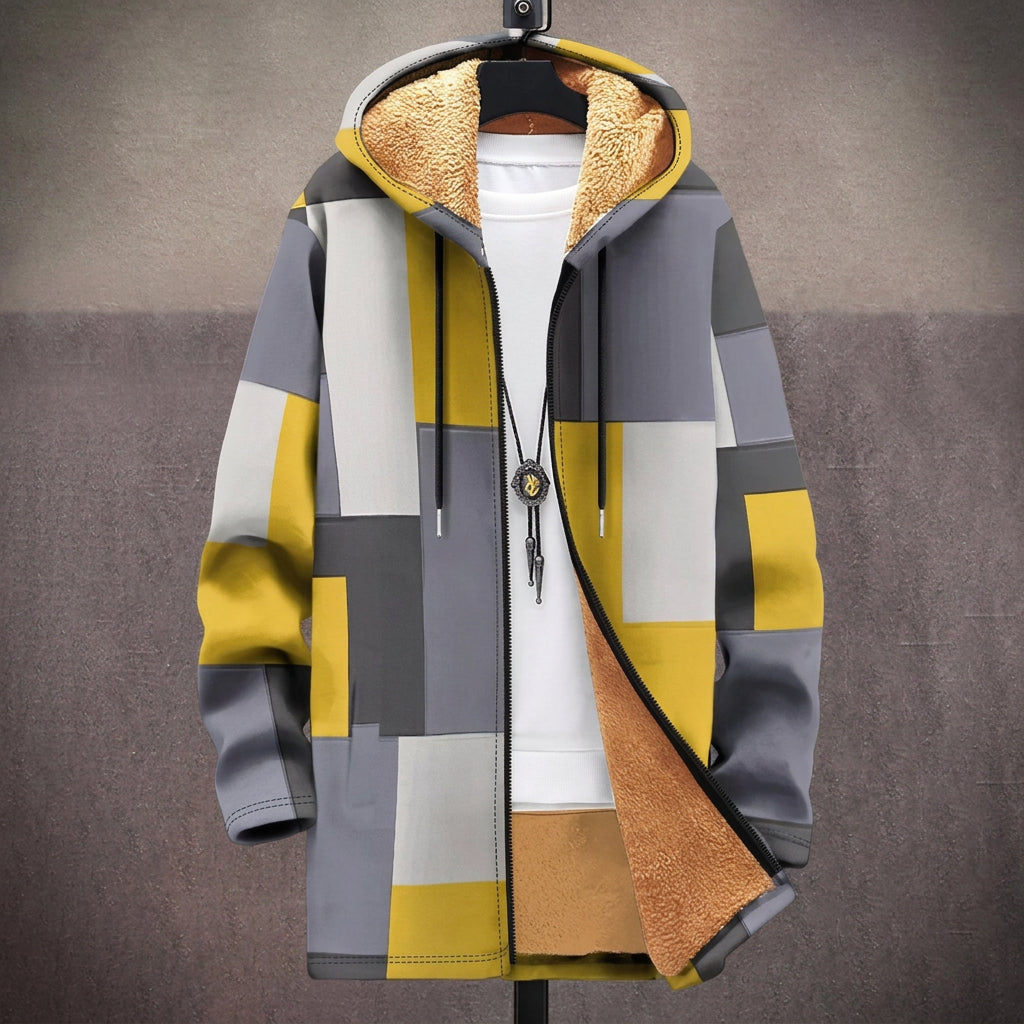 Cappotto con Cappuccio a Blocchi Grigi e Gialli