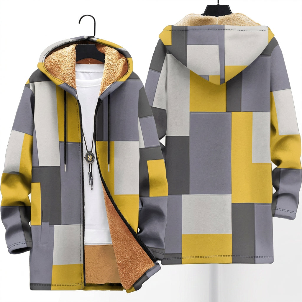 Cappotto con Cappuccio a Blocchi Grigi e Gialli