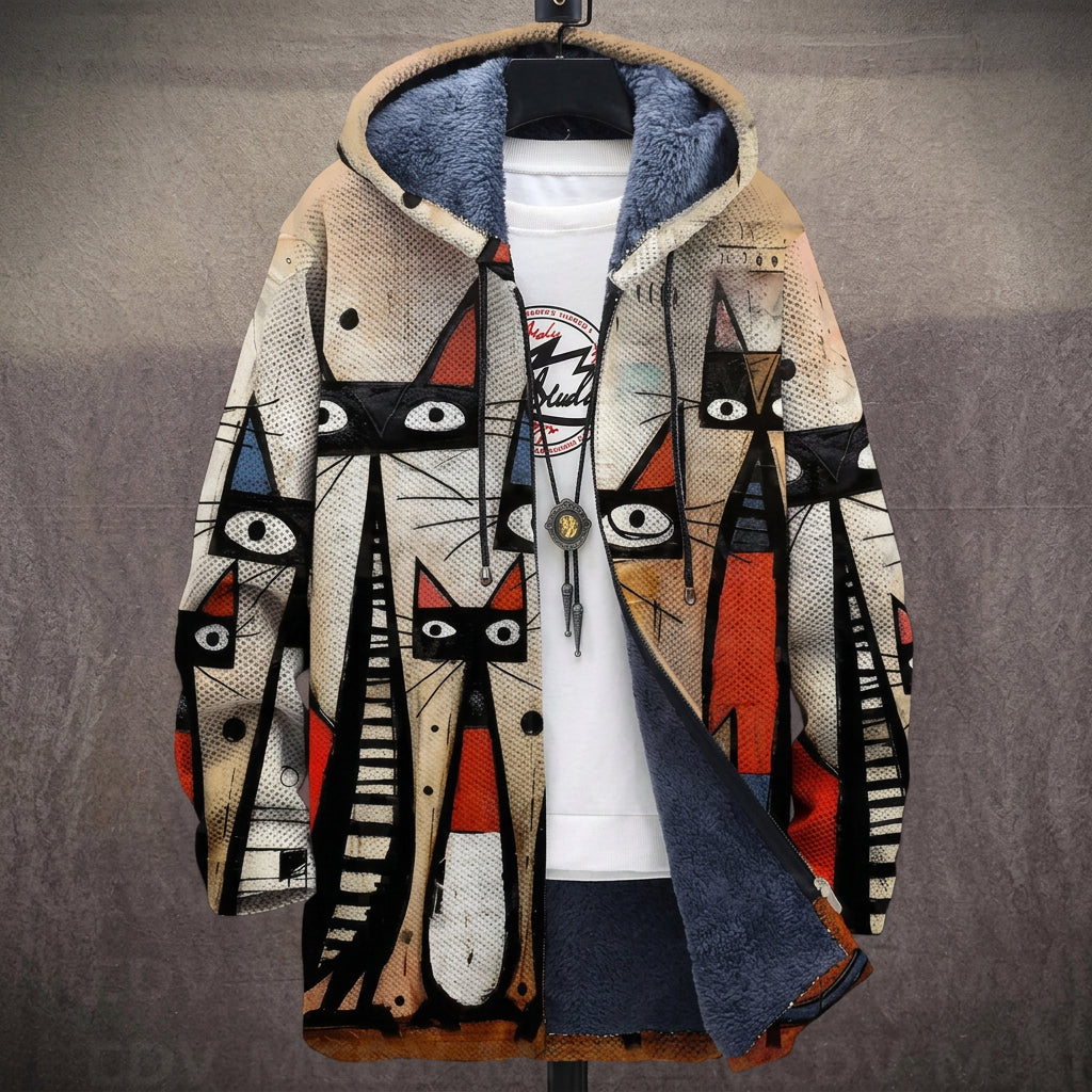 Cappotto con Cappuccio a Gatti Bianco e Nero