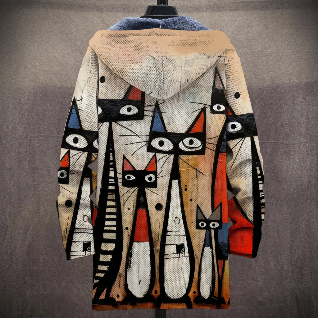 Cappotto con Cappuccio a Gatti Bianco e Nero
