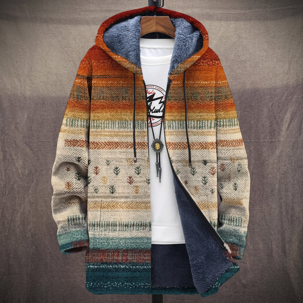 Cappotto con Cappuccio a Righe Etniche Beige e Arancio