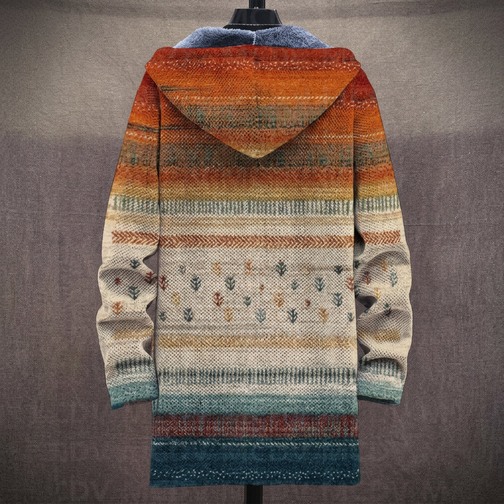 Cappotto con Cappuccio a Righe Etniche Beige e Arancio