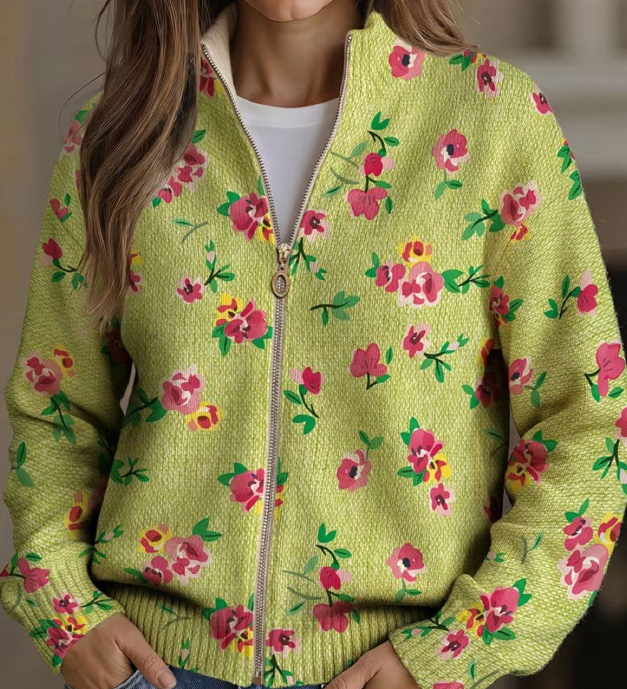 Cardigan con Zip e Piccoli Fiori