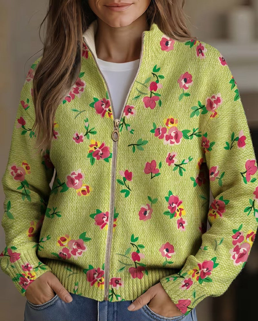 Cardigan con Zip e Piccoli Fiori