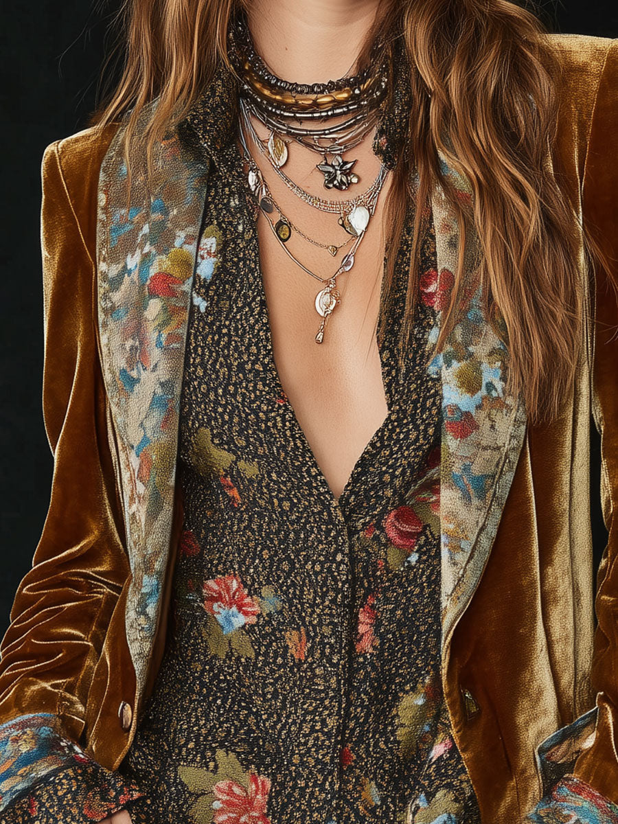 Blazer patchwork floreale effetto velluto