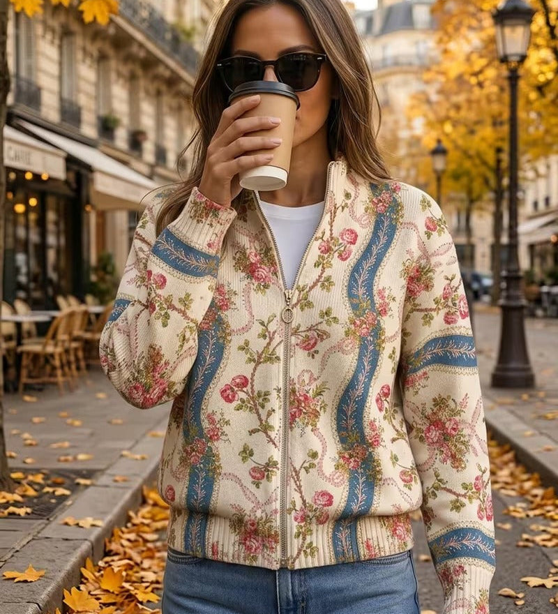 Cardigan con Zip e Rose Ornamentali
