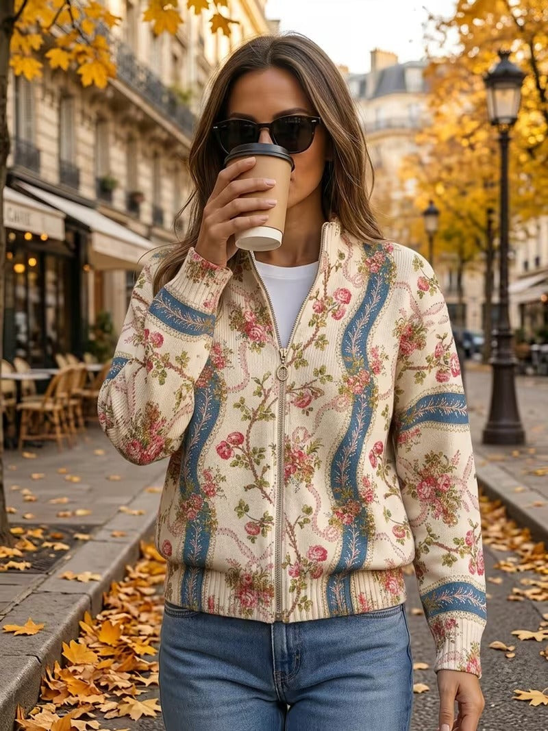 Cardigan con Zip e Rose Ornamentali