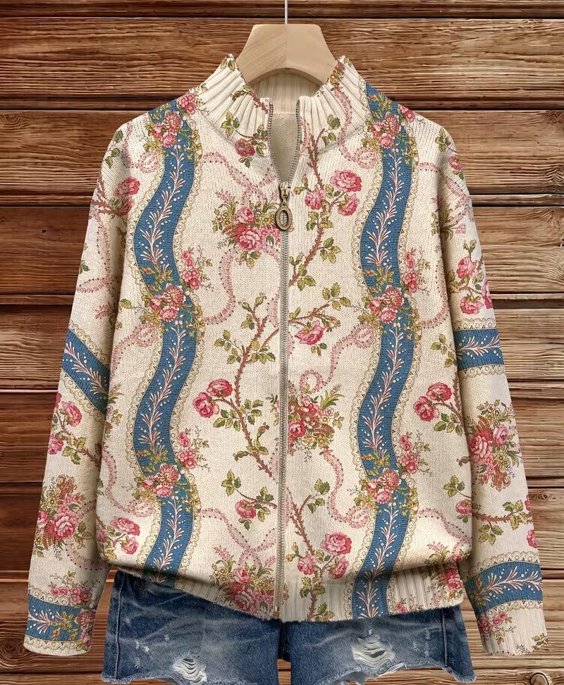 Cardigan con Zip e Rose Ornamentali