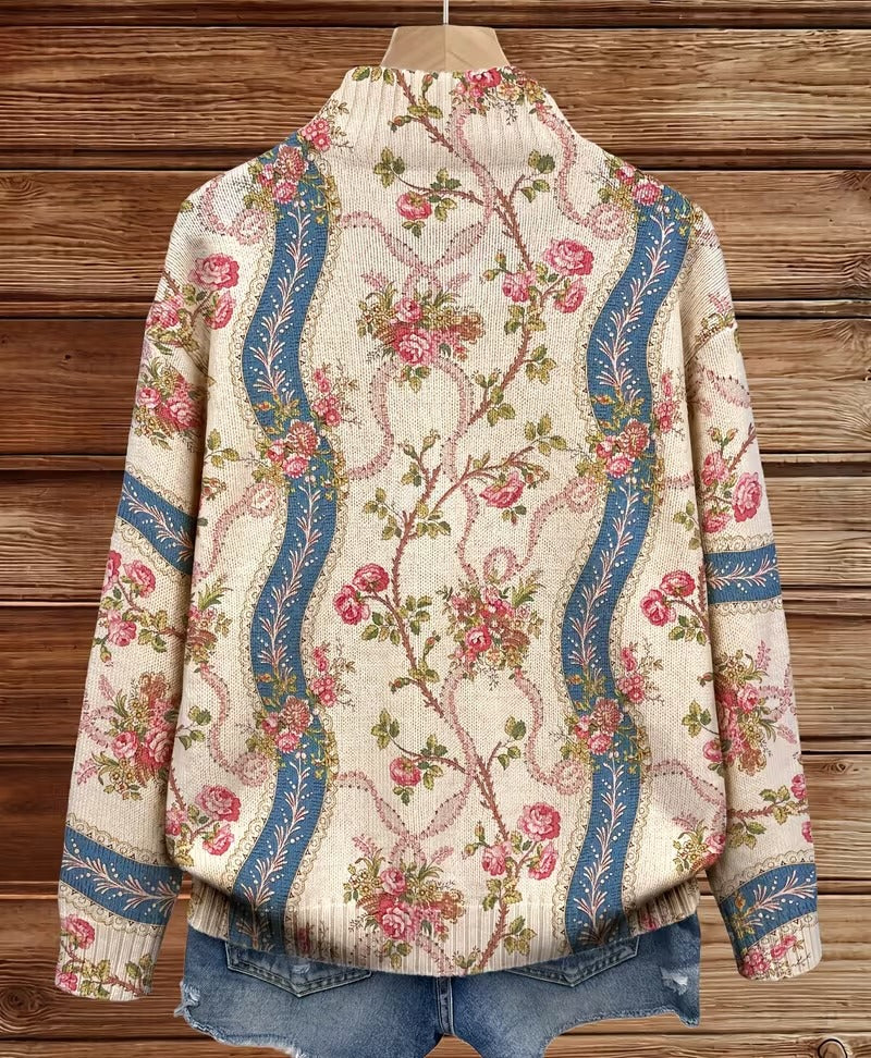 Cardigan con Zip e Rose Ornamentali