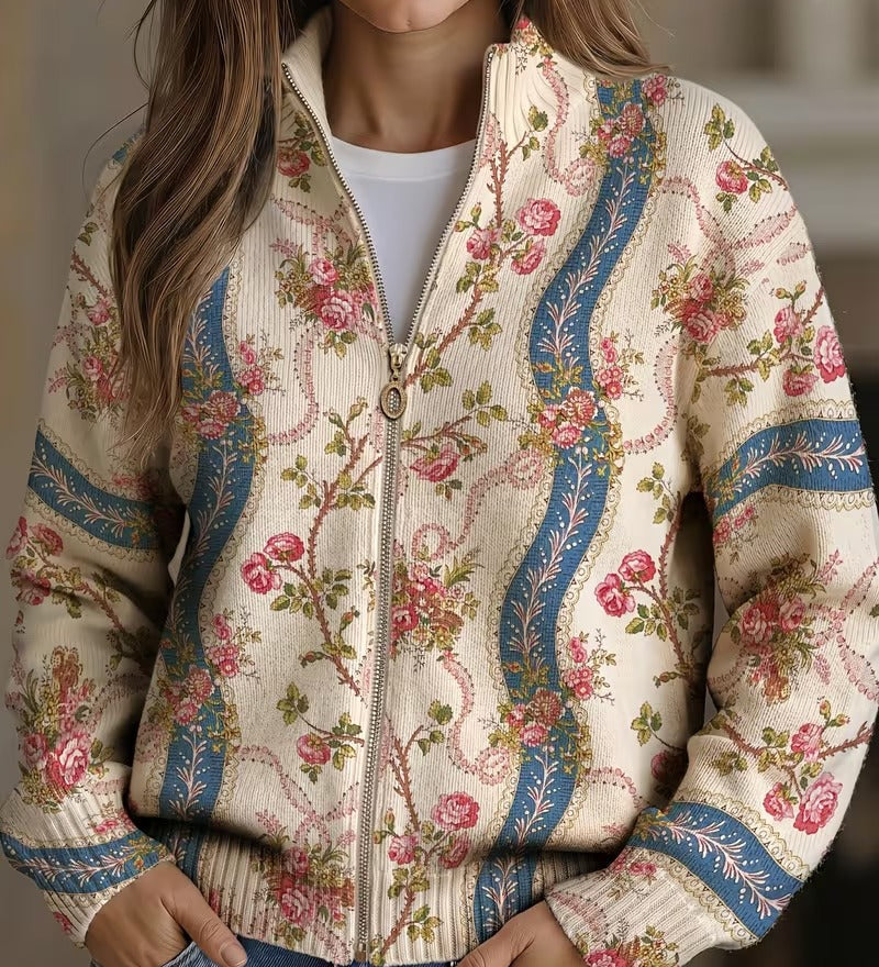Cardigan con Zip e Rose Ornamentali