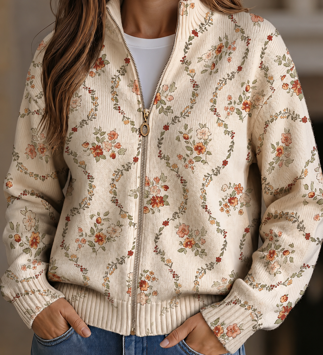 Cardigan con Zip e Tralci Floreali