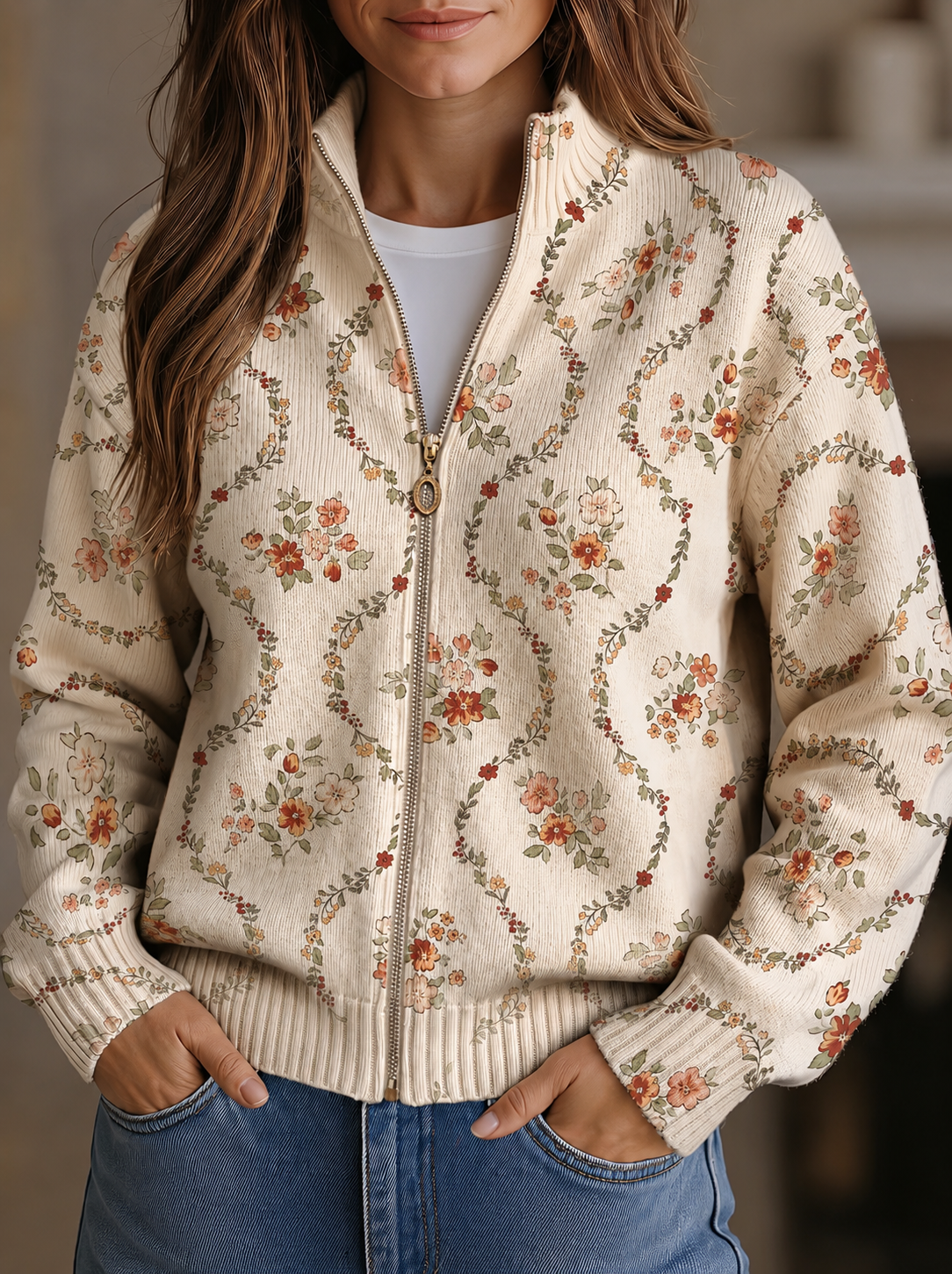 Cardigan con Zip e Tralci Floreali