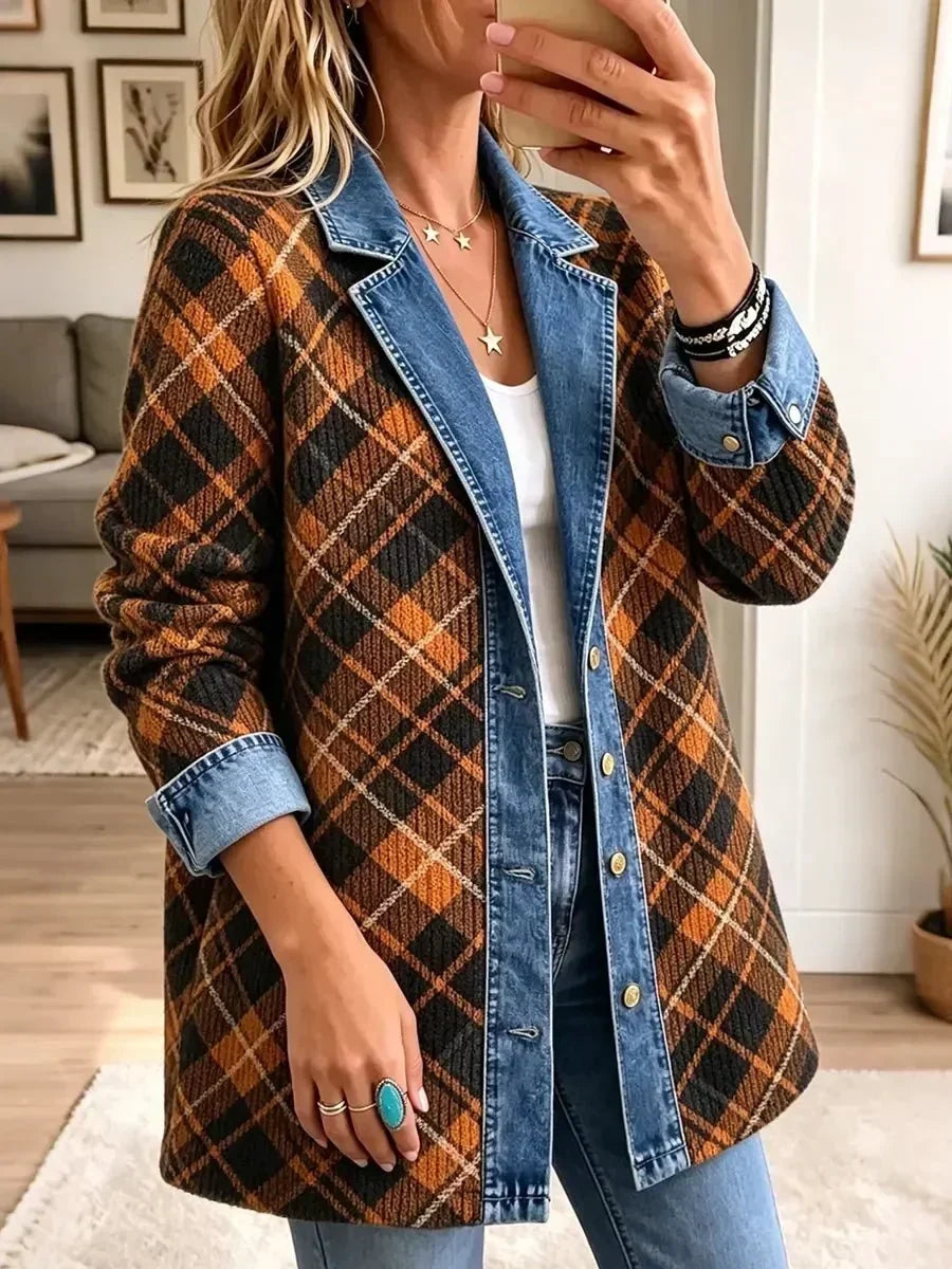 Giacca in Denim con Stampa a Blocchi Vintage