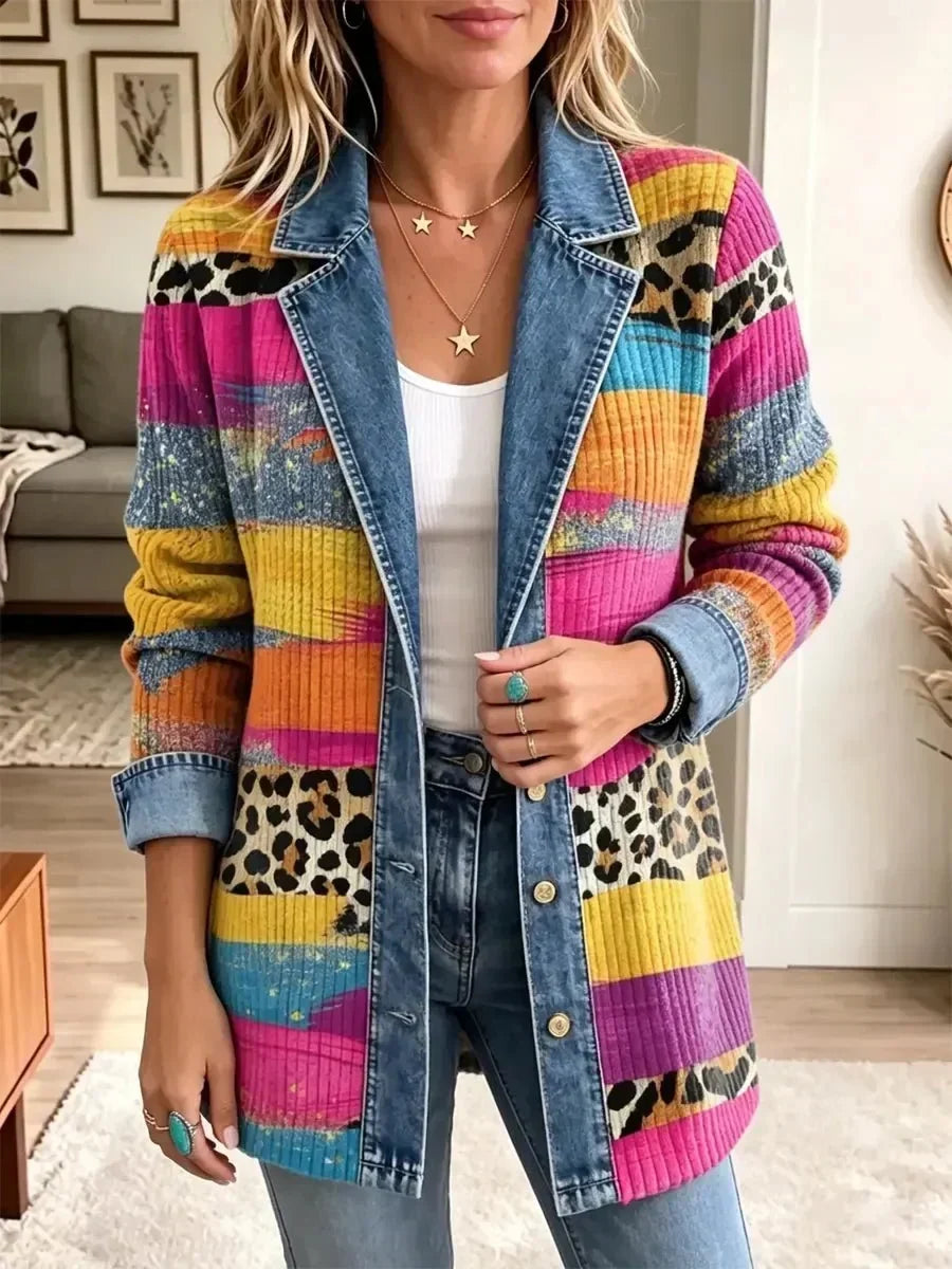 Giacca in Denim con Stampa Leopardata Rétro