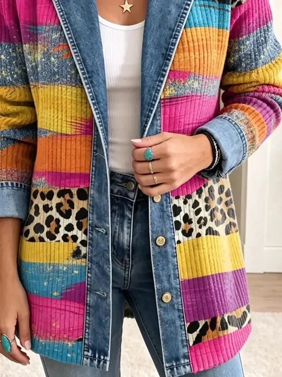 Giacca in Denim con Stampa Leopardata Rétro