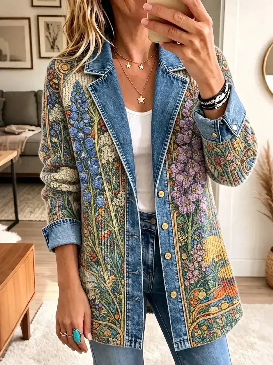 Giacca in Denim con Stampa Floreale Vintage