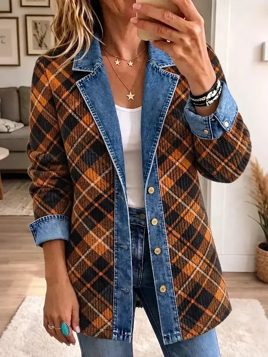 Giacca in Denim con Stampa a Blocchi Vintage