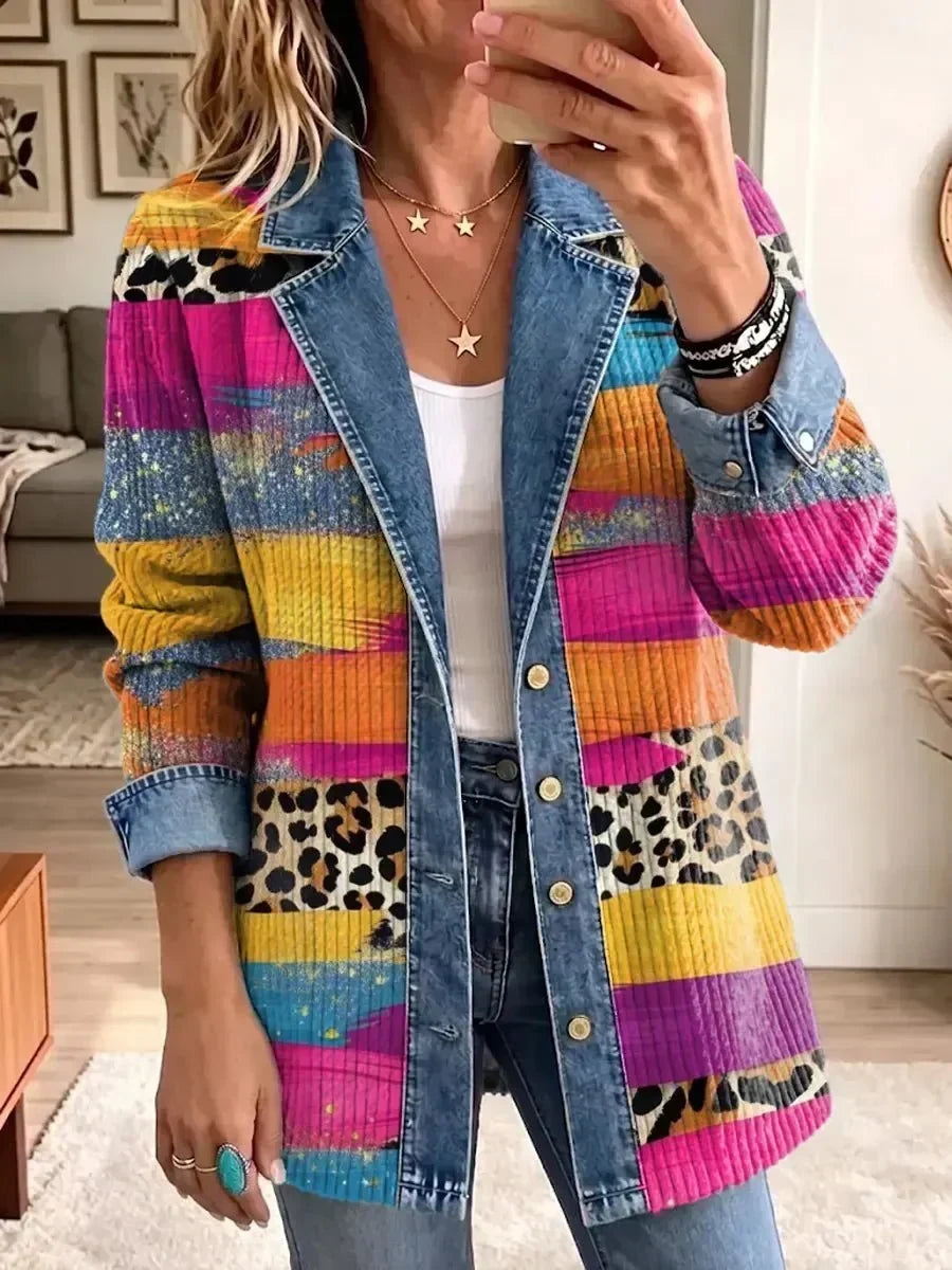 Giacca in Denim con Stampa Leopardata Rétro