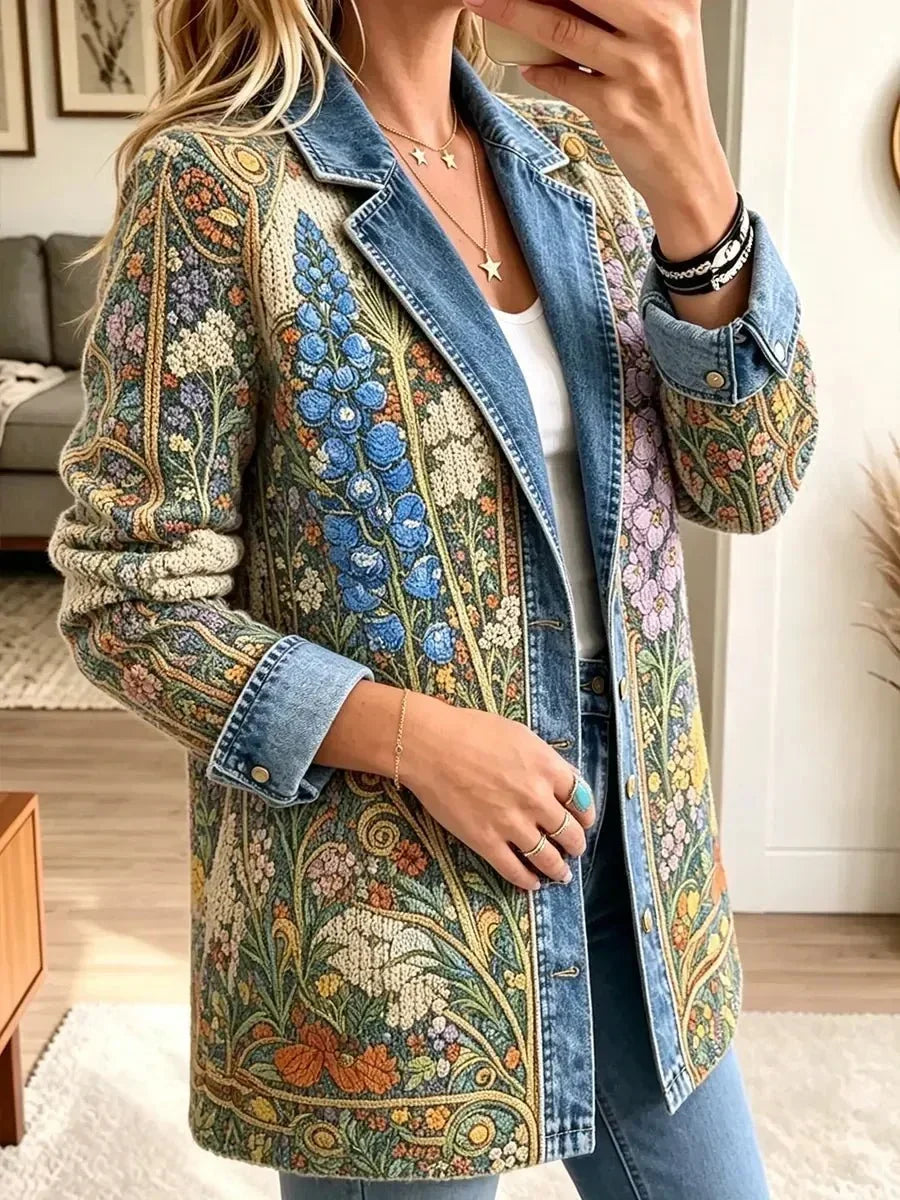 Giacca in Denim con Stampa Floreale Vintage