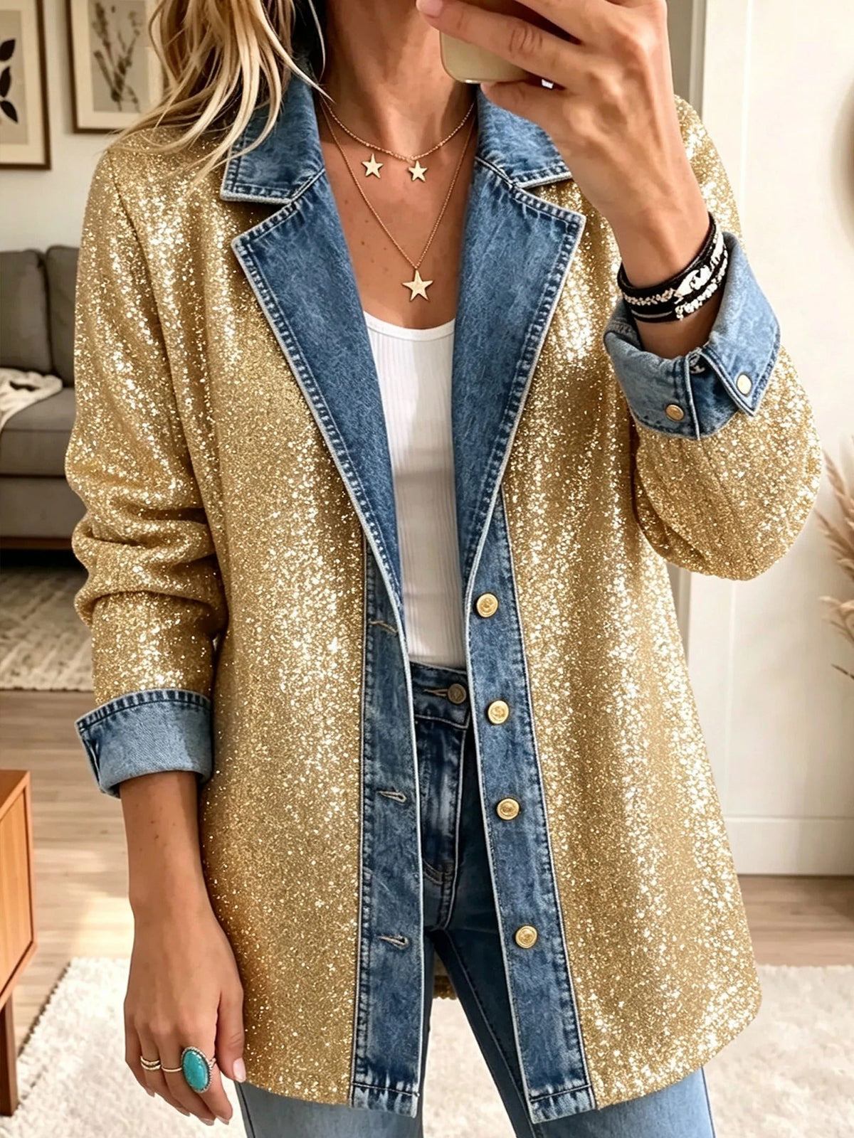 Giacca in Denim Patchwork con Glitter Dorati
