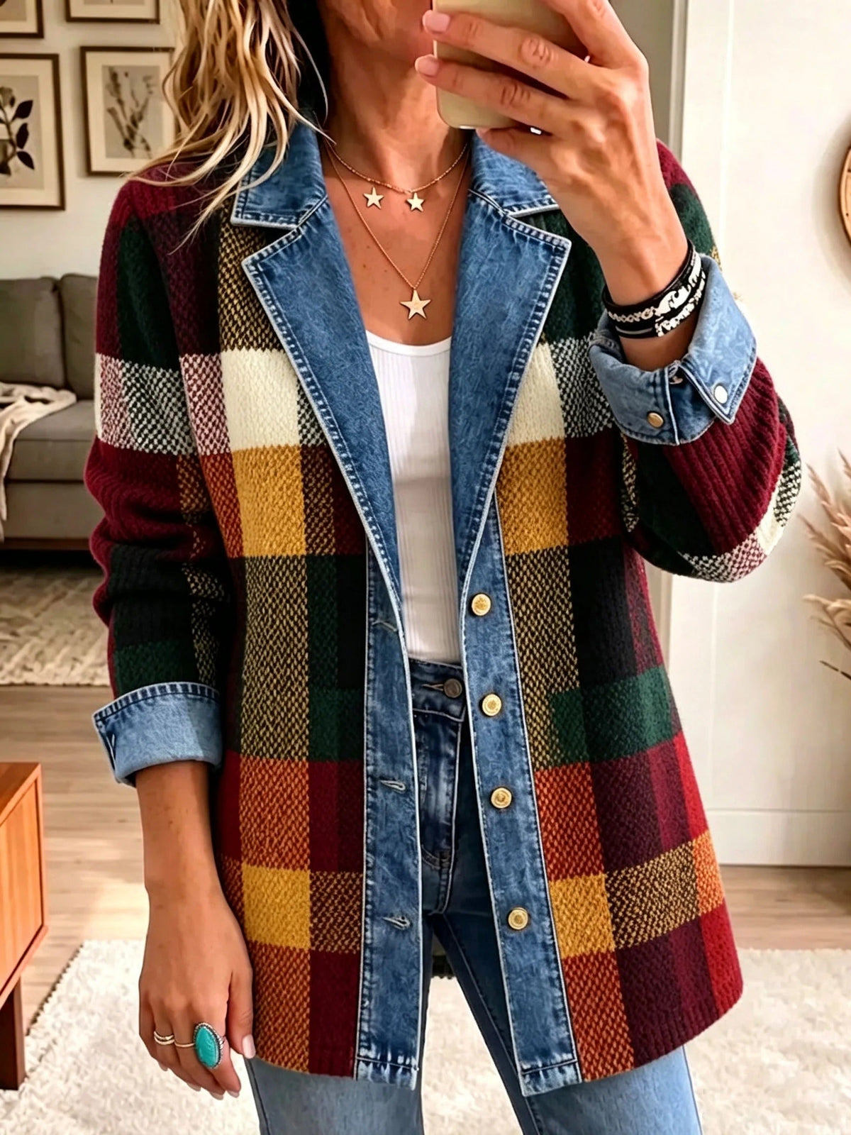 Giacca in Denim a Quadri e Blocchi di Colore