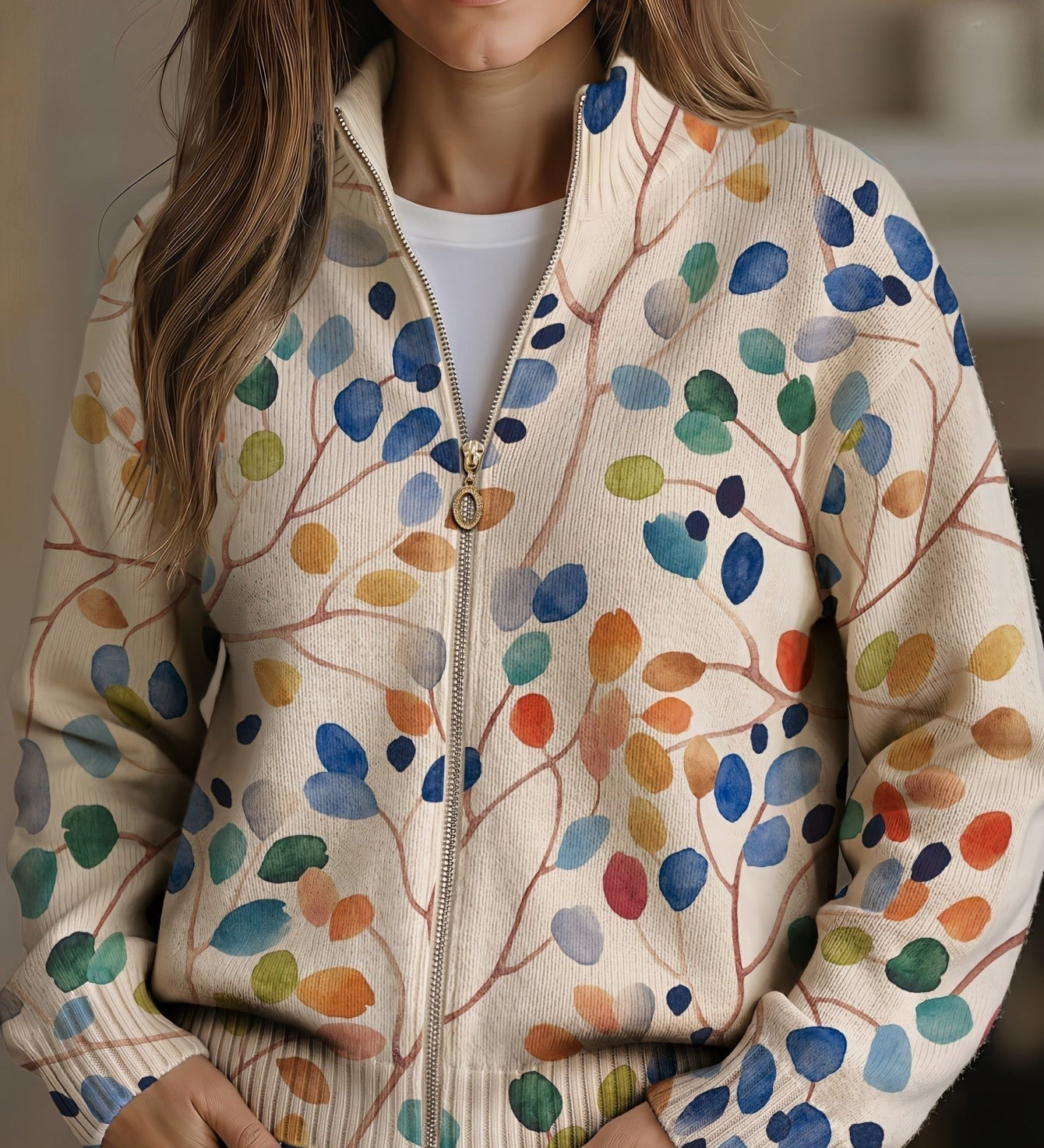 Cardigan con Zip e Foglie