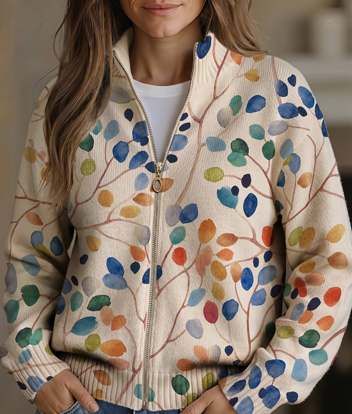 Cardigan con Zip e Foglie
