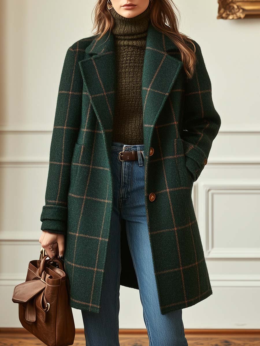 Cappotto a quadri in misto lana con revers