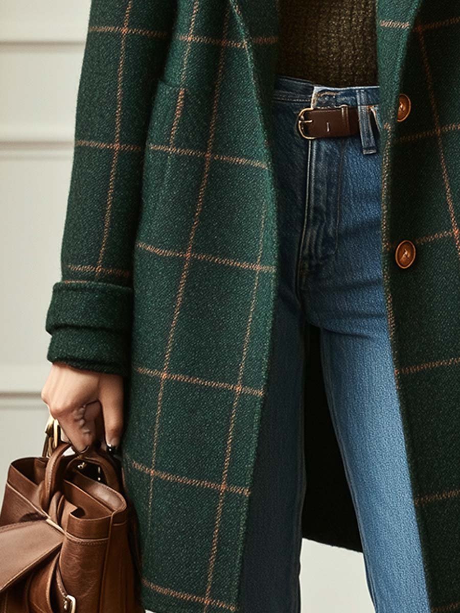 Cappotto a quadri in misto lana con revers