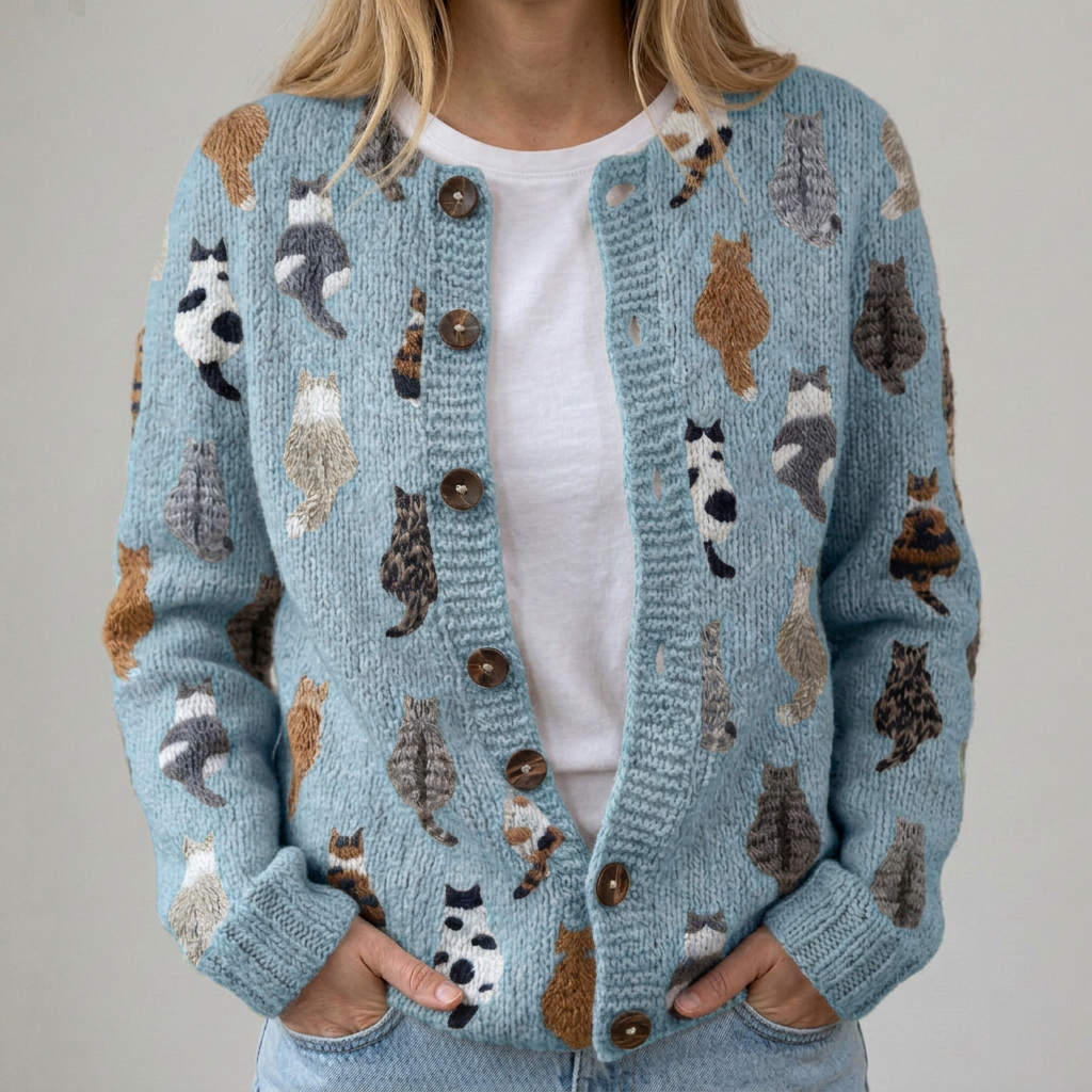 Cardigan con Motivo di Gatti
