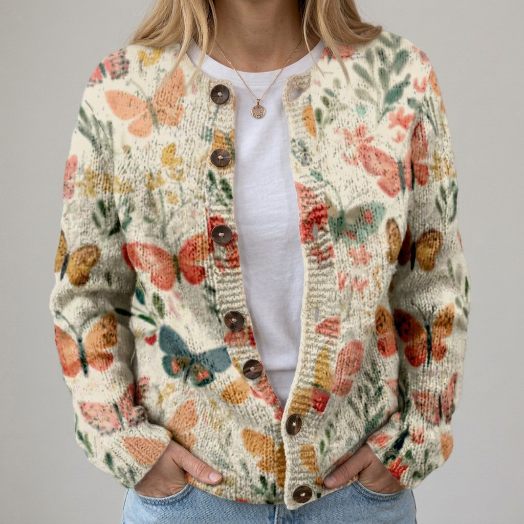 Cardigan con Farfalle e Fiori