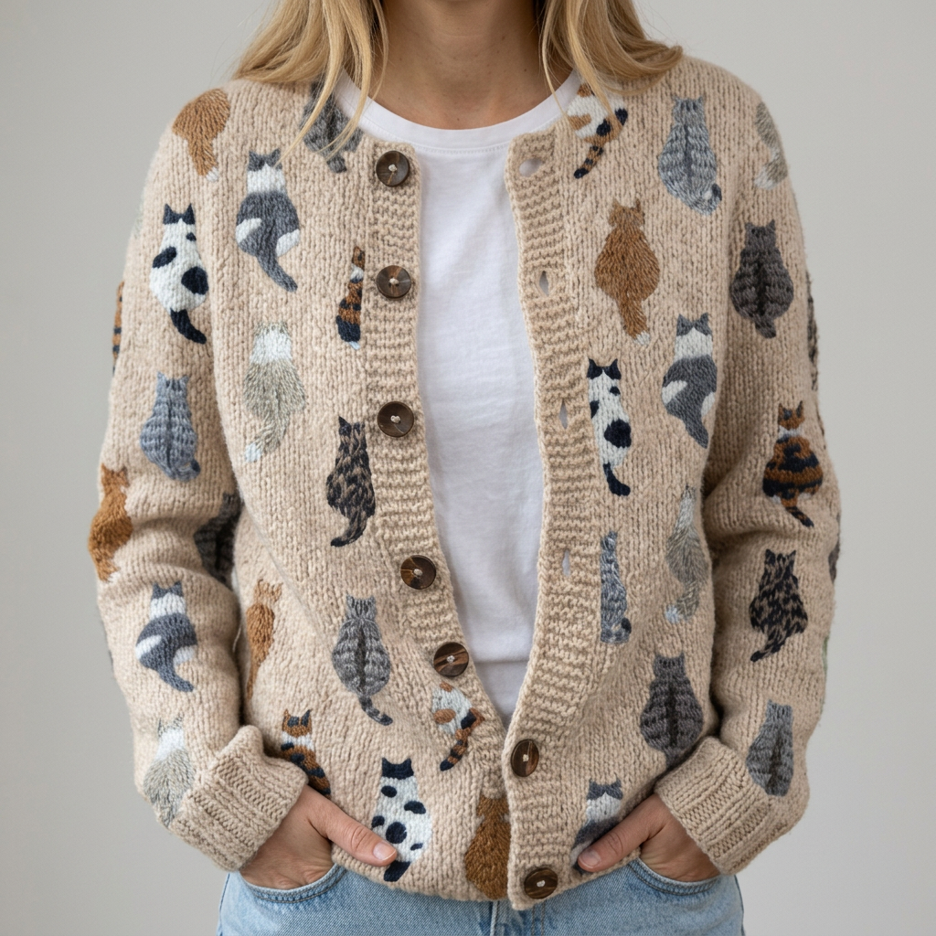 Cardigan con Motivo di Gatti