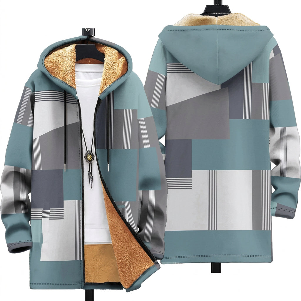 Cappotto con Cappuccio a Blocchi Grigio-Azzurro e Senape