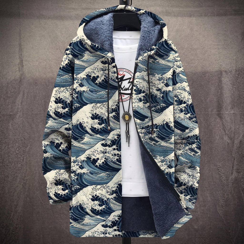 Cappotto con Cappuccio a Onde Giapponesi Blu e Crema