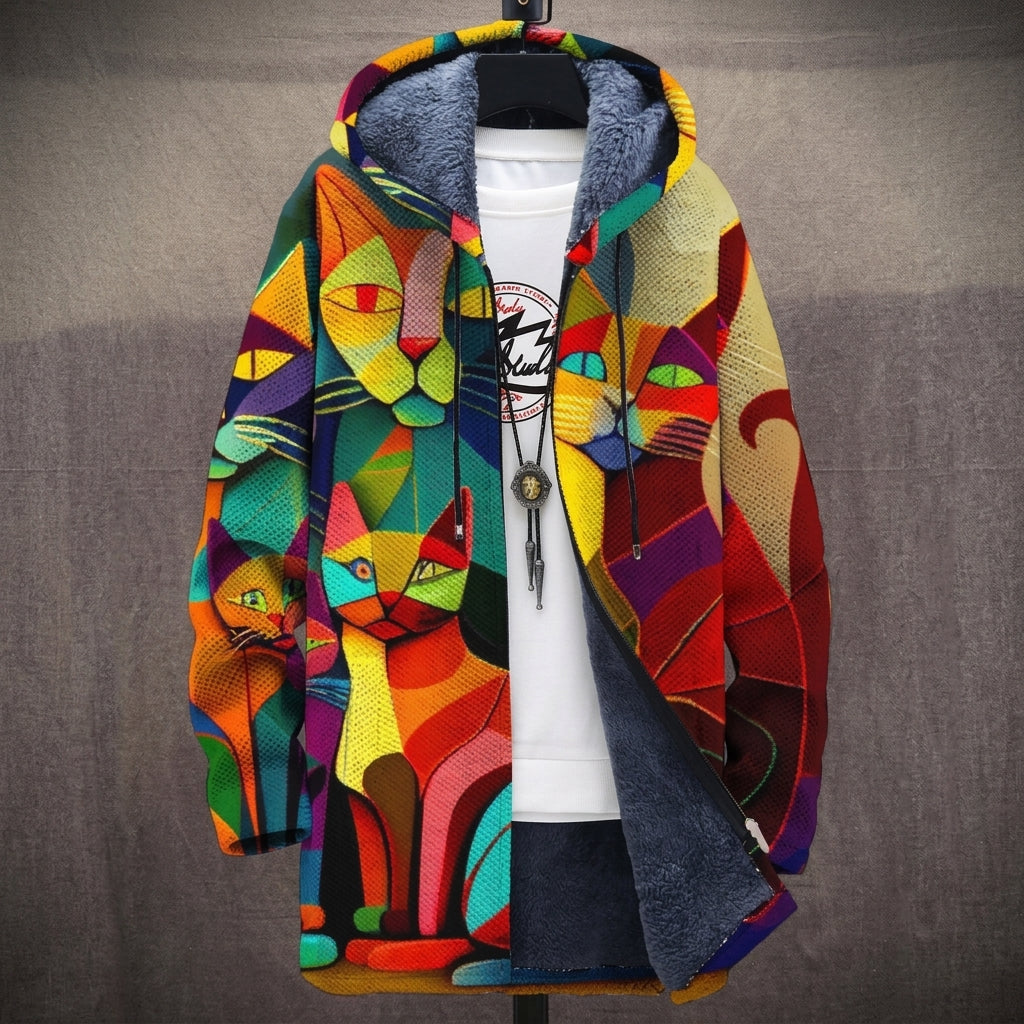 Cappotto con Cappuccio a Gatto Cubista Rosso e Giallo