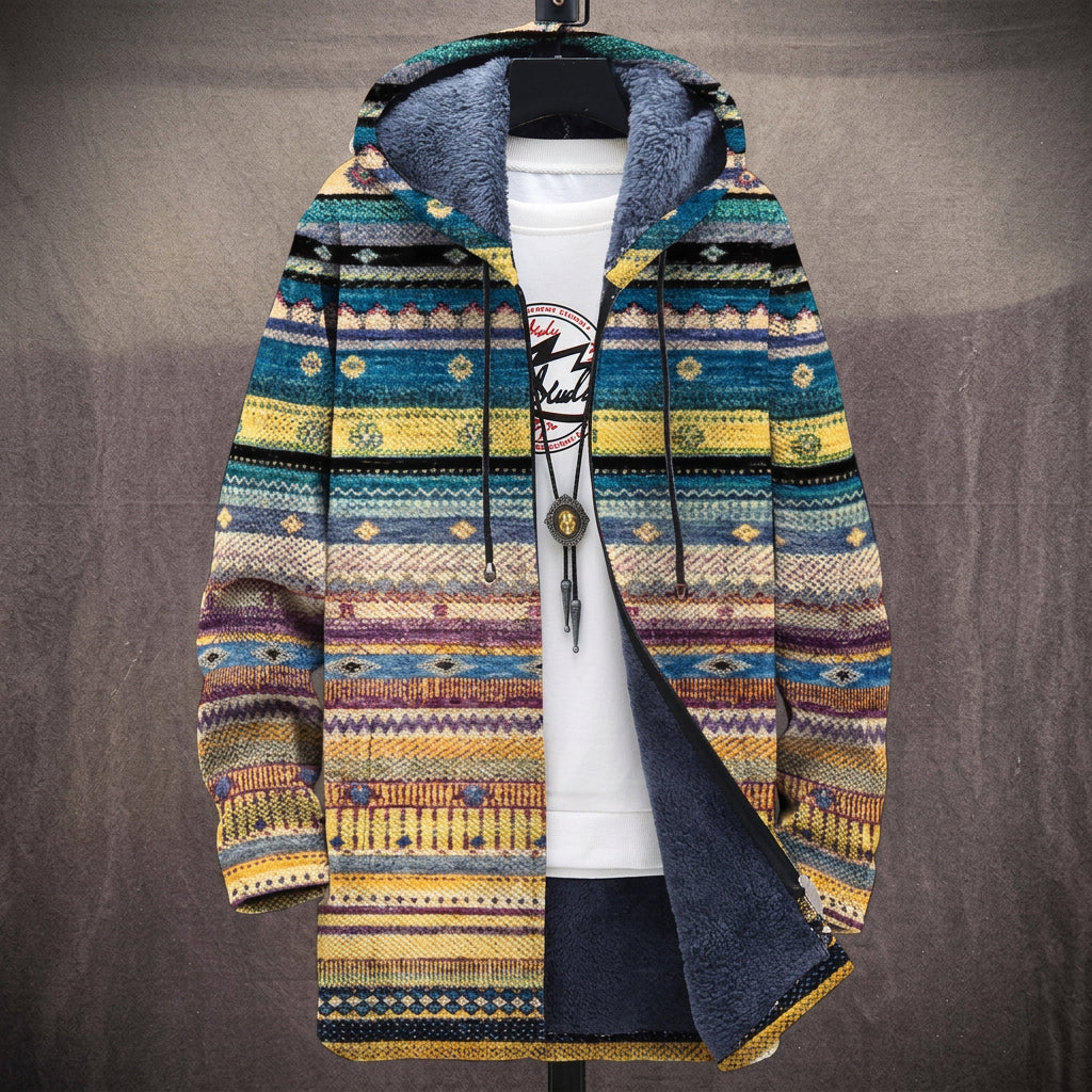 Cappotto con Cappuccio a Righe Etniche Gialle e Turchesi