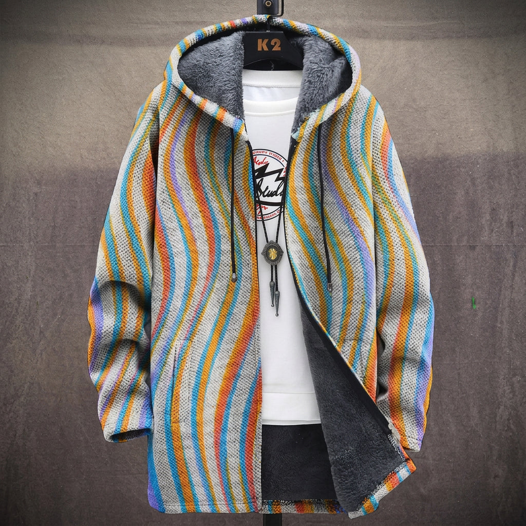Cappotto con Cappuccio a Righine Beige e Blu