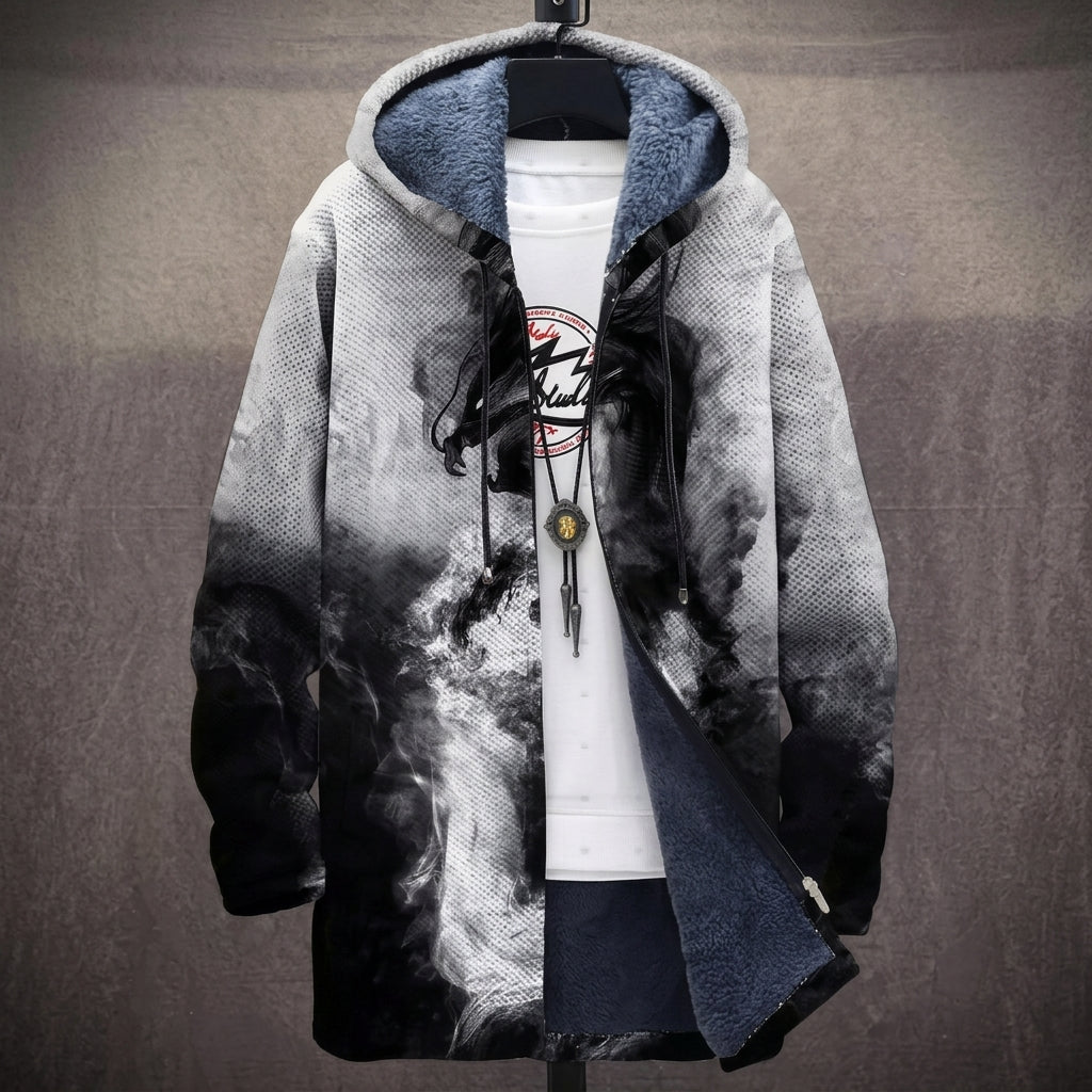 Cappotto con Cappuccio a Motivo Fumo Bianco e Nero