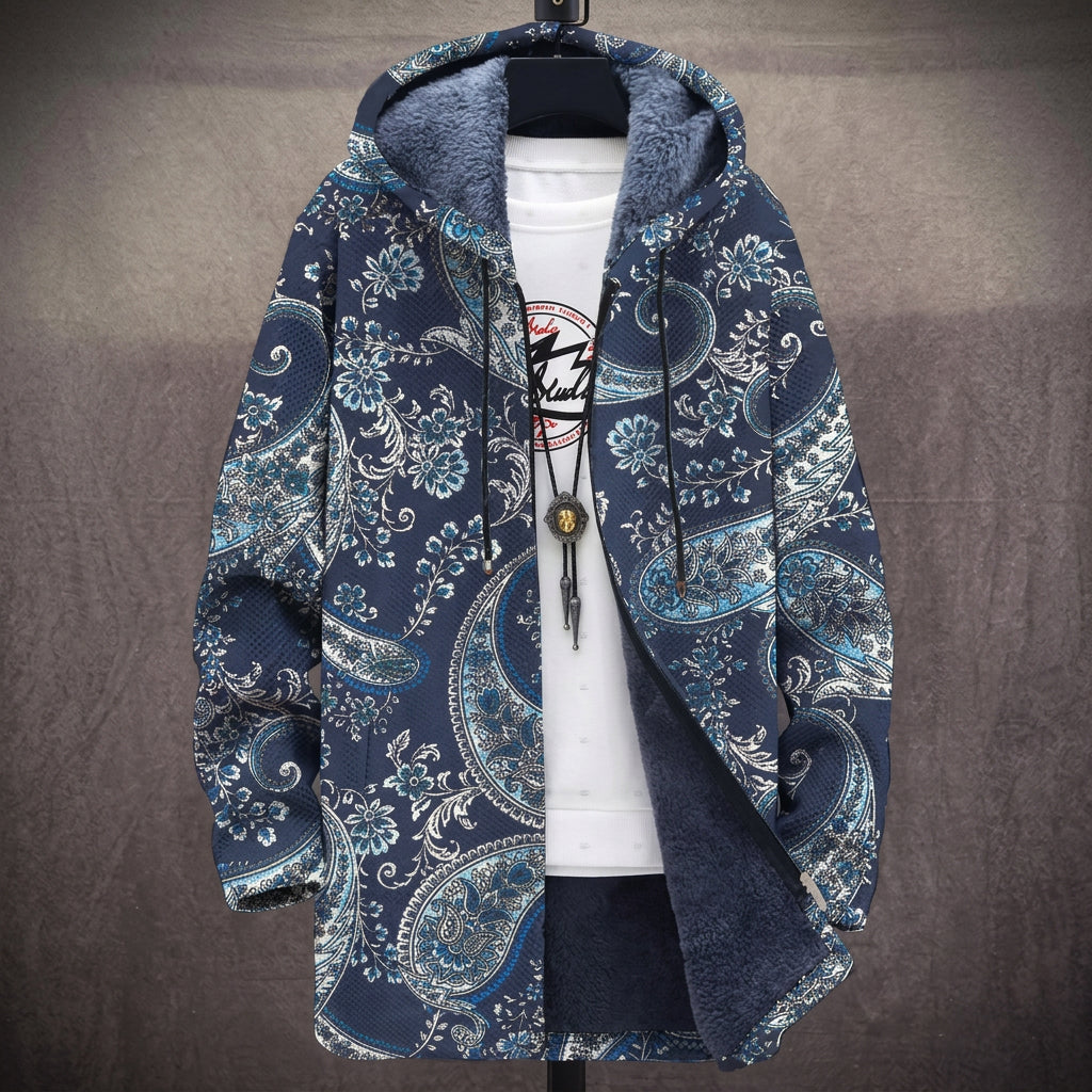 Cappotto con Cappuccio a Motivo Cachemire Blu Navy