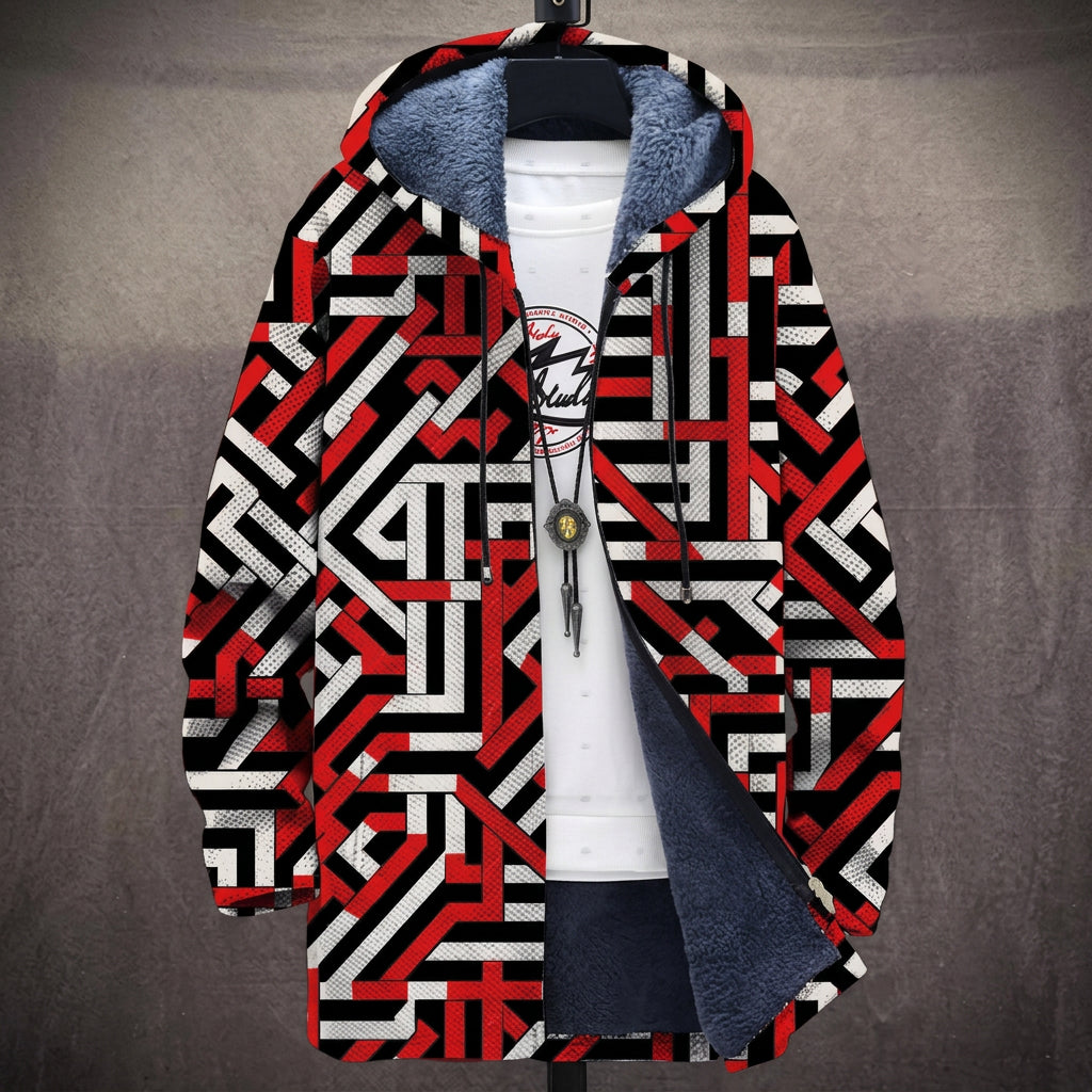 Cappotto con Cappuccio a Labirinto Rosso e Nero