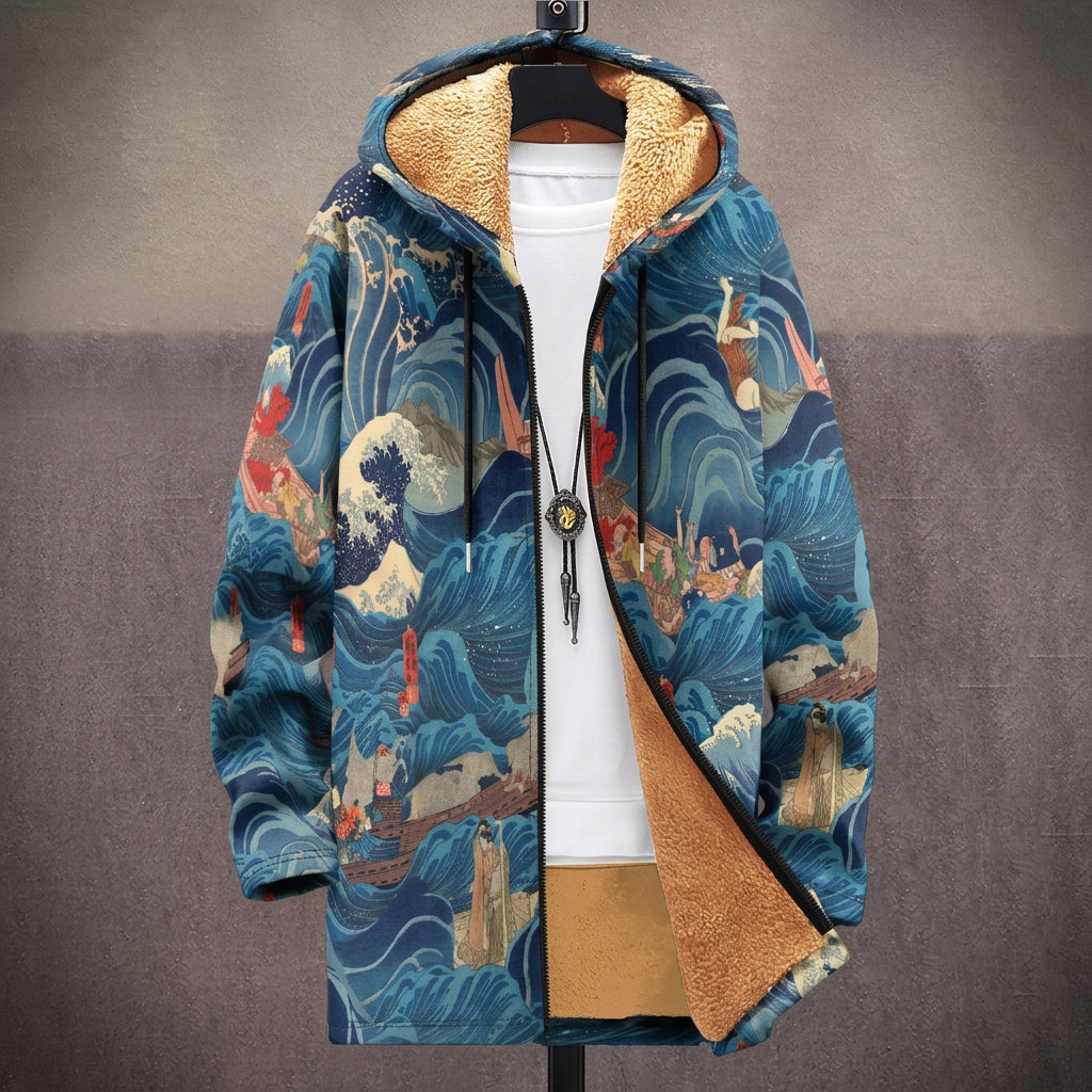 Cappotto con Cappuccio a Onde Giapponesi Blu e Arancio