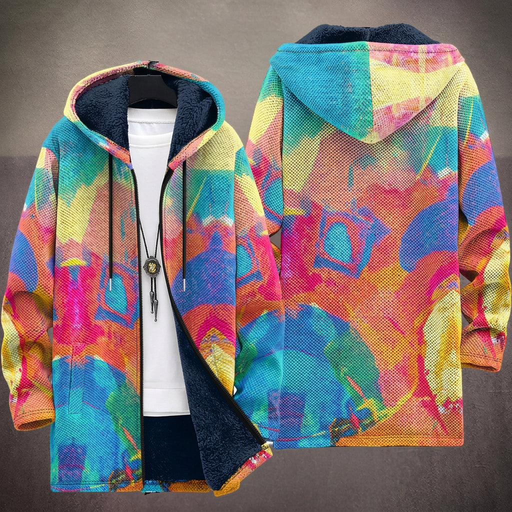 Cappotto con Cappuccio a Collage Astratto Rosa e Blu