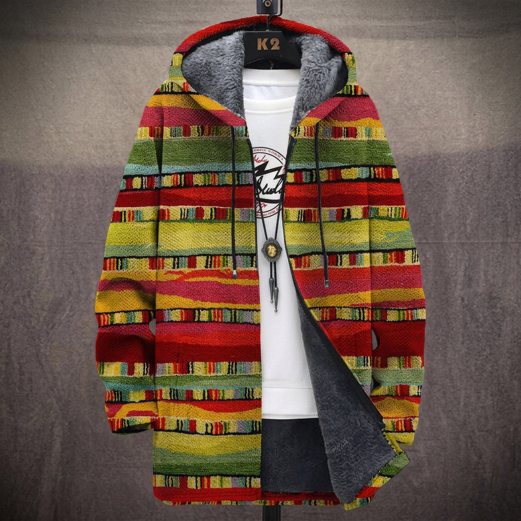 Cappotto con Cappuccio a Righe Rosse e Gialle