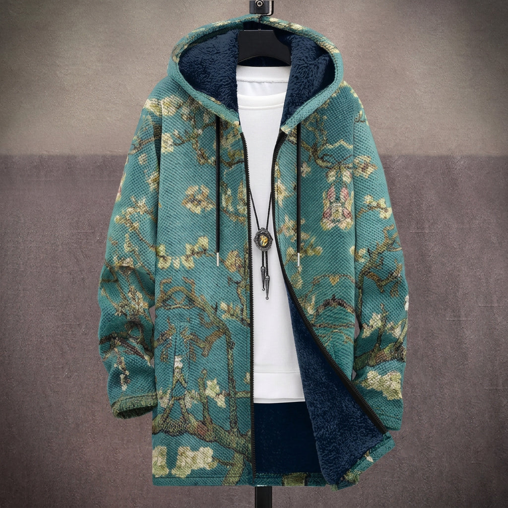 Cappotto con Cappuccio a Fiori Dorati su Turchese